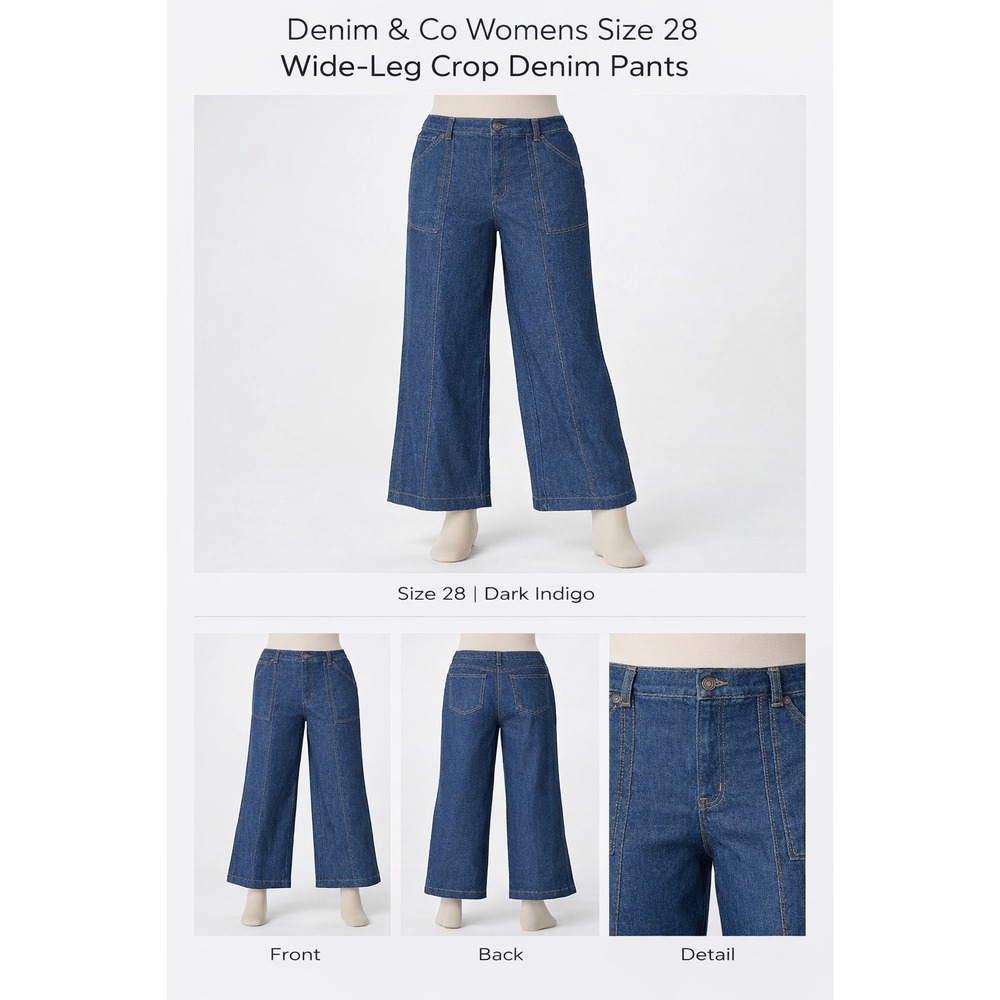 Denim & Co Womens Size 28 Wide Leg Crop Denim Pants Dark Indigo Stretch New